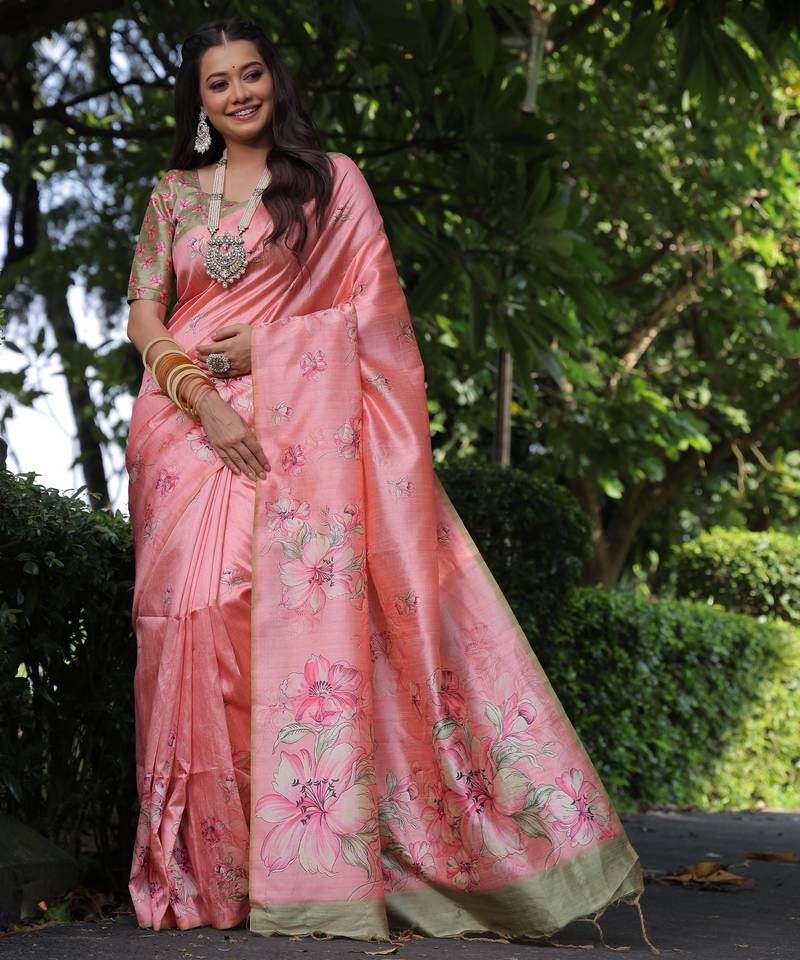 Peach floral printed tussar silk blend ethnic girlie saree