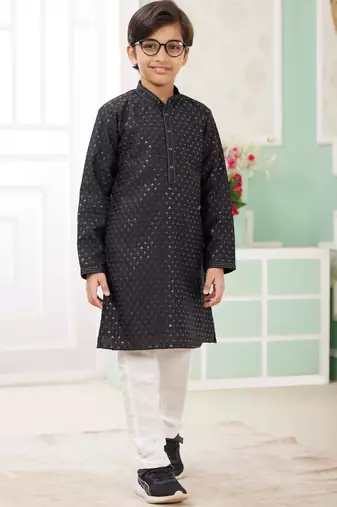 Black embroidery art silk   kurta set for boys