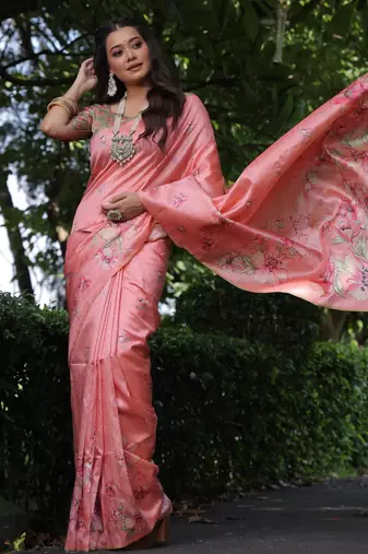 Peach floral printed tussar silk blend ethnic girlie saree
