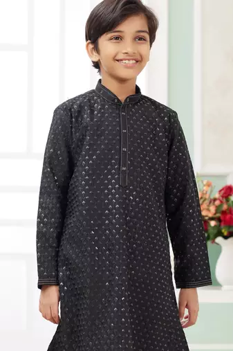 Black embroidery art silk   kurta set for boys