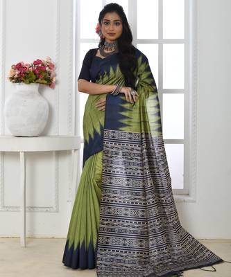 Mahendi tussar silk blend temple printed ethnic festive special saree 1