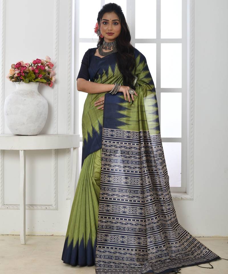 Mahendi tussar silk blend temple printed ethnic festive special saree