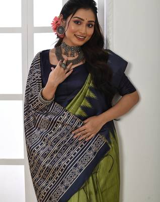 Mahendi tussar silk blend temple printed ethnic festive special saree 2