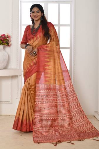 Orange tussar silk blend temple printed ethnic festive special saree