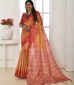 Orange tussar silk blend temple printed ethnic festive special saree