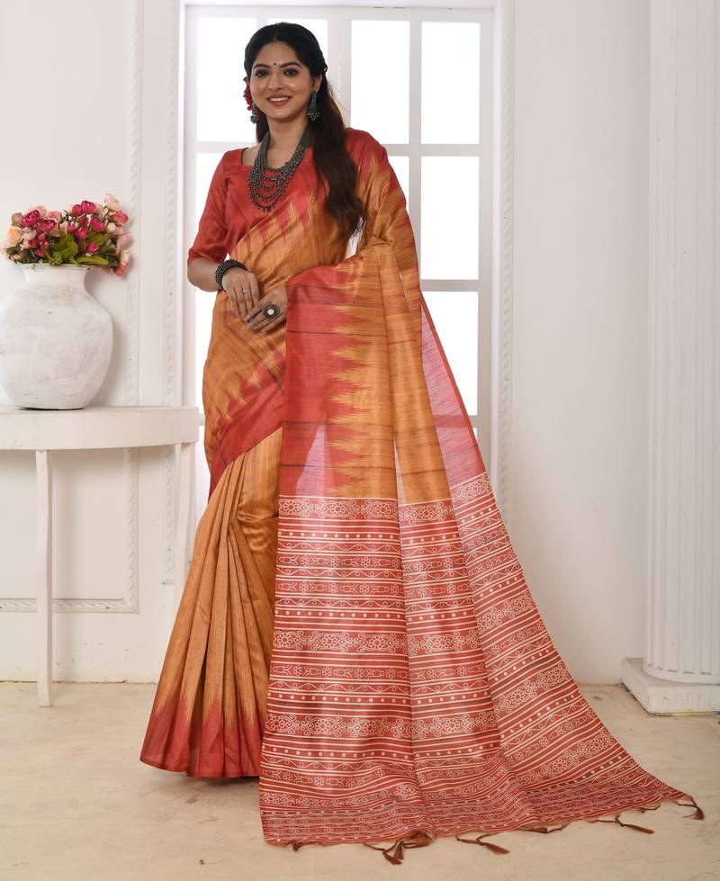 Orange tussar silk blend temple printed ethnic festive special saree