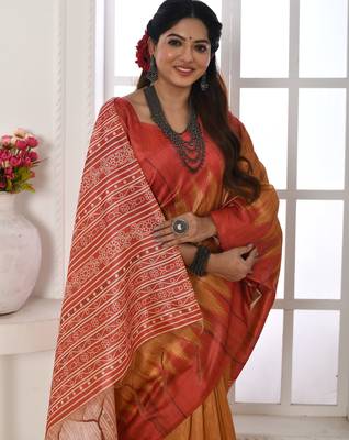Orange tussar silk blend temple printed ethnic festive special saree 2