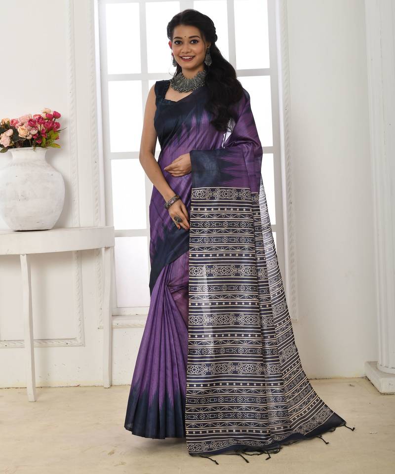 Purple tussar silk blend temple printed ethnic festive special saree