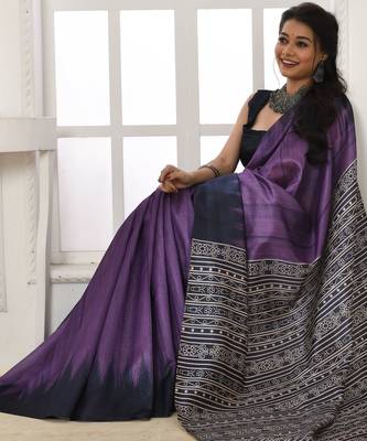 Purple tussar silk blend temple printed ethnic festive special saree 3