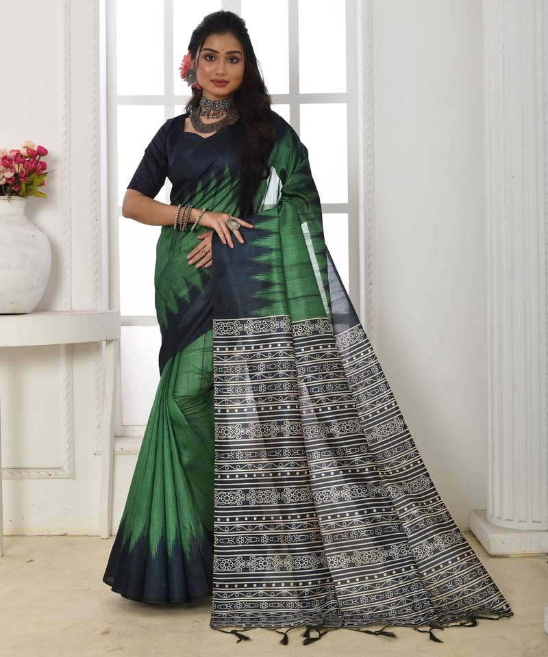 Green tussar silk blend temple printed ethnic festive special saree