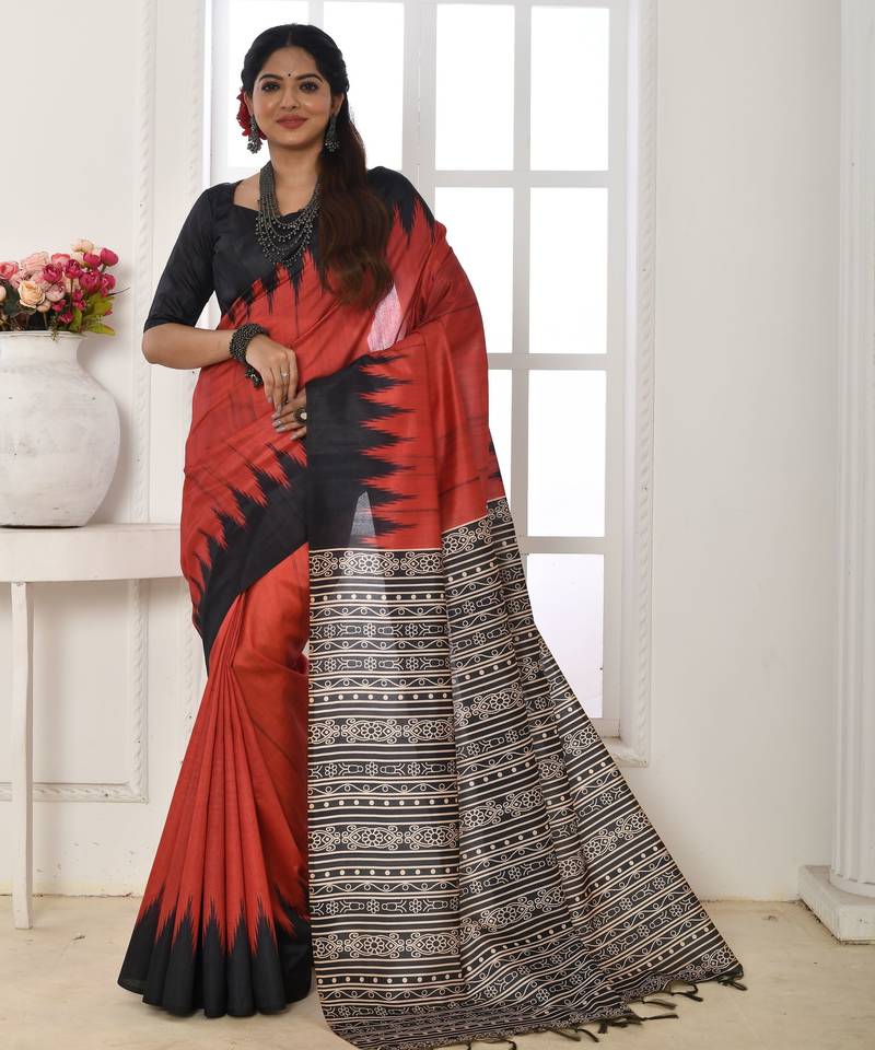 Rust tussar silk blend temple printed ethnic festive special saree