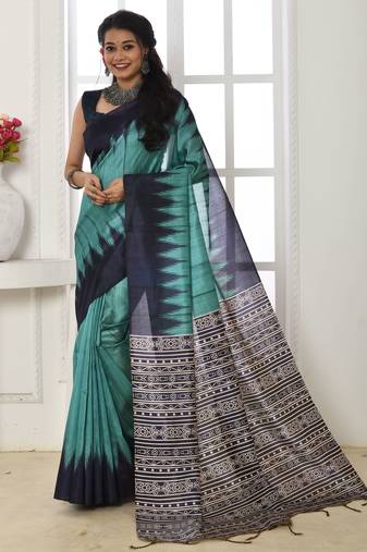 Blue tussar silk blend temple printed ethnic festive special saree