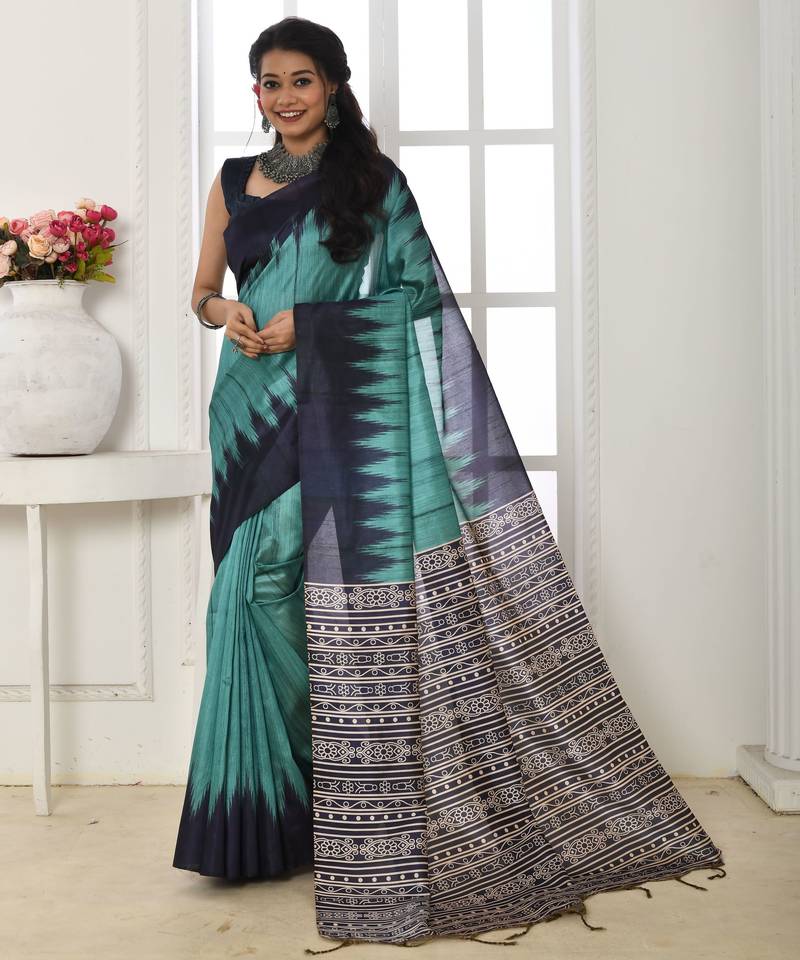 Blue tussar silk blend temple printed ethnic festive special saree