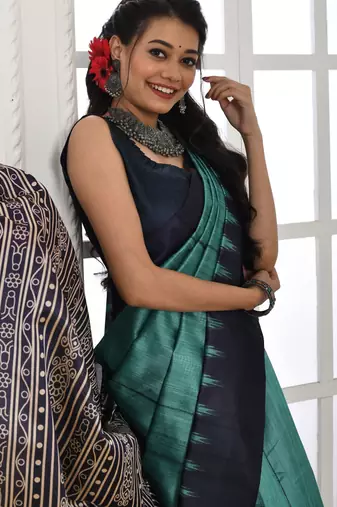 Blue tussar silk blend temple printed ethnic festive special saree