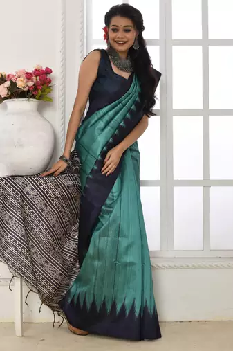 Blue tussar silk blend temple printed ethnic festive special saree