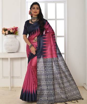 Pink tussar silk blend temple printed ethnic festive special saree 1