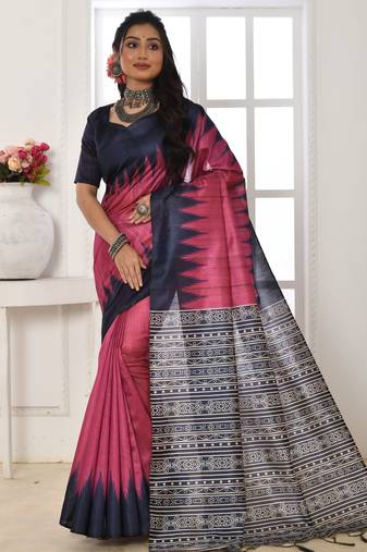 Pink tussar silk blend temple printed ethnic festive special saree