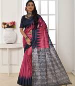 Pink tussar silk blend temple printed ethnic festive special saree