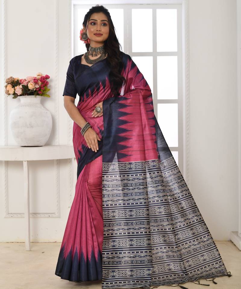 Pink tussar silk blend temple printed ethnic festive special saree