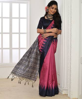 Pink tussar silk blend temple printed ethnic festive special saree 3