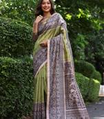 Green madhubani printed tussar silk blend saree ceremonial saree