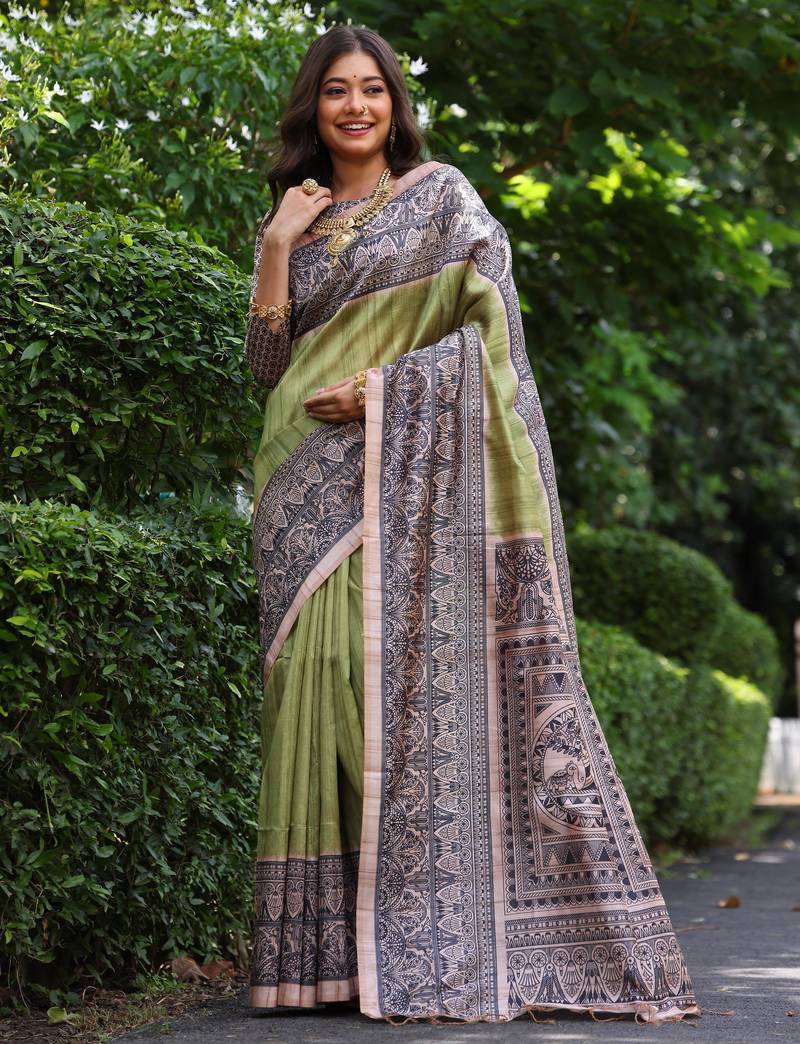 Green madhubani printed tussar silk blend saree ceremonial saree