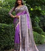 Purple madhubani printed tussar silk blend saree ceremonial saree