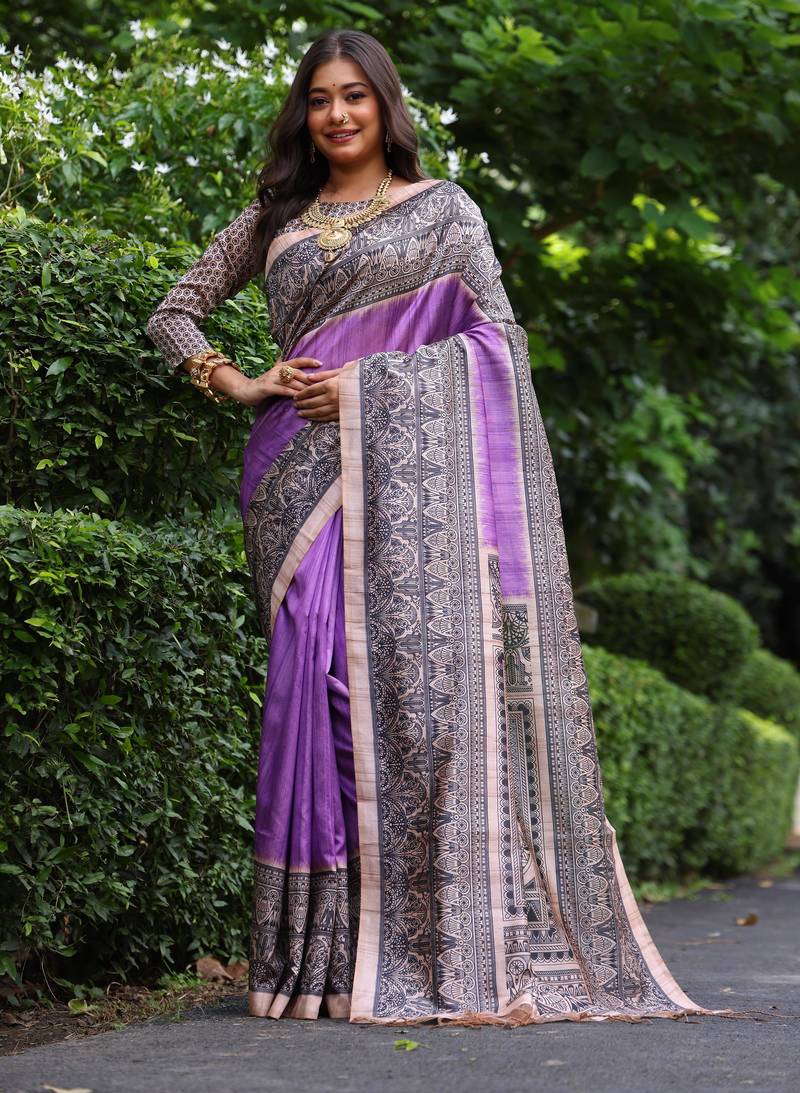 Purple madhubani printed tussar silk blend saree ceremonial saree