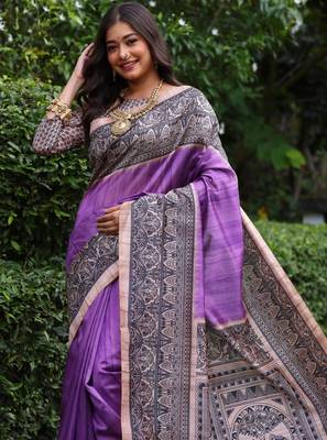 Purple madhubani printed tussar silk blend saree ceremonial saree 2