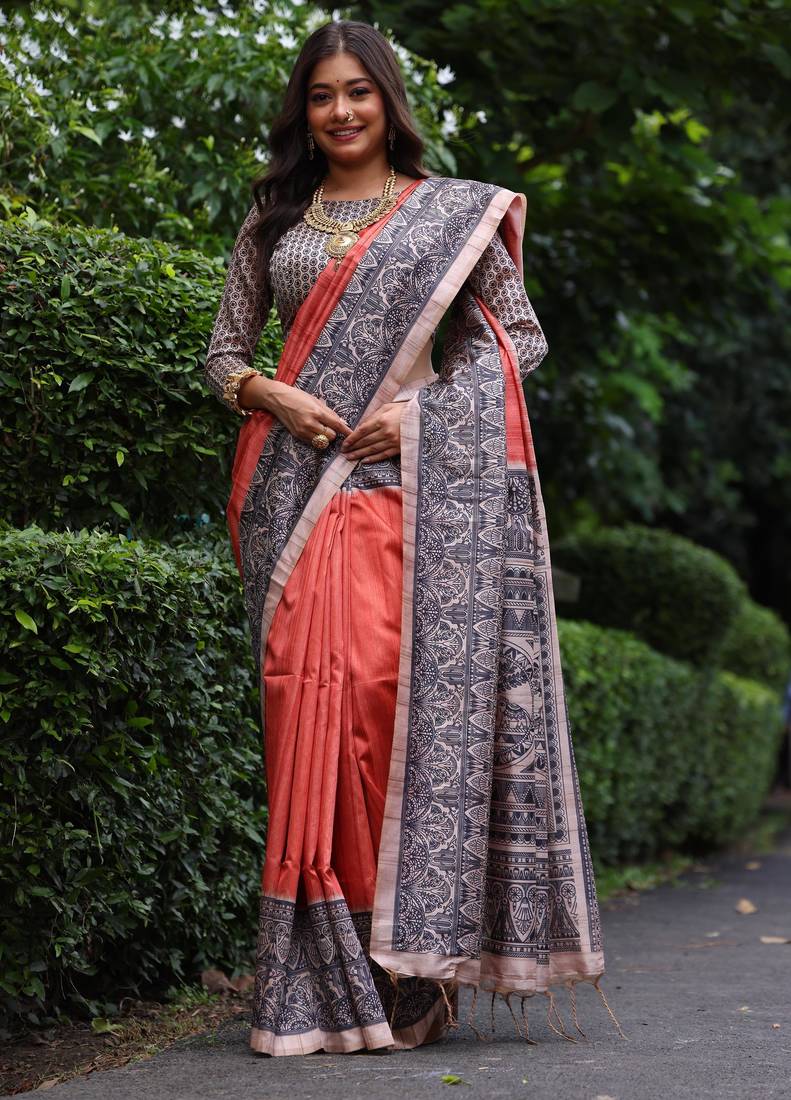 Rust madhubani printed tussar silk blend saree ceremonial saree
