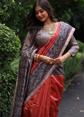 Rust madhubani printed tussar silk blend saree ceremonial saree 2