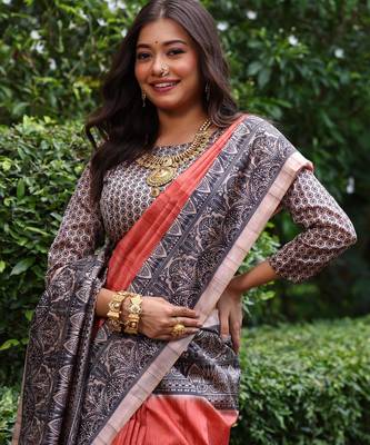 Rust madhubani printed tussar silk blend saree ceremonial saree 4