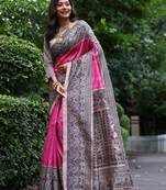 Pink madhubani printed tussar silk blend saree ceremonial saree