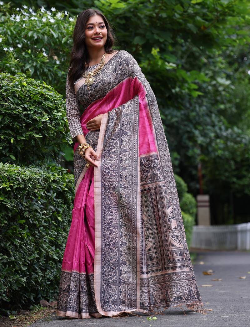Pink madhubani printed tussar silk blend saree ceremonial saree