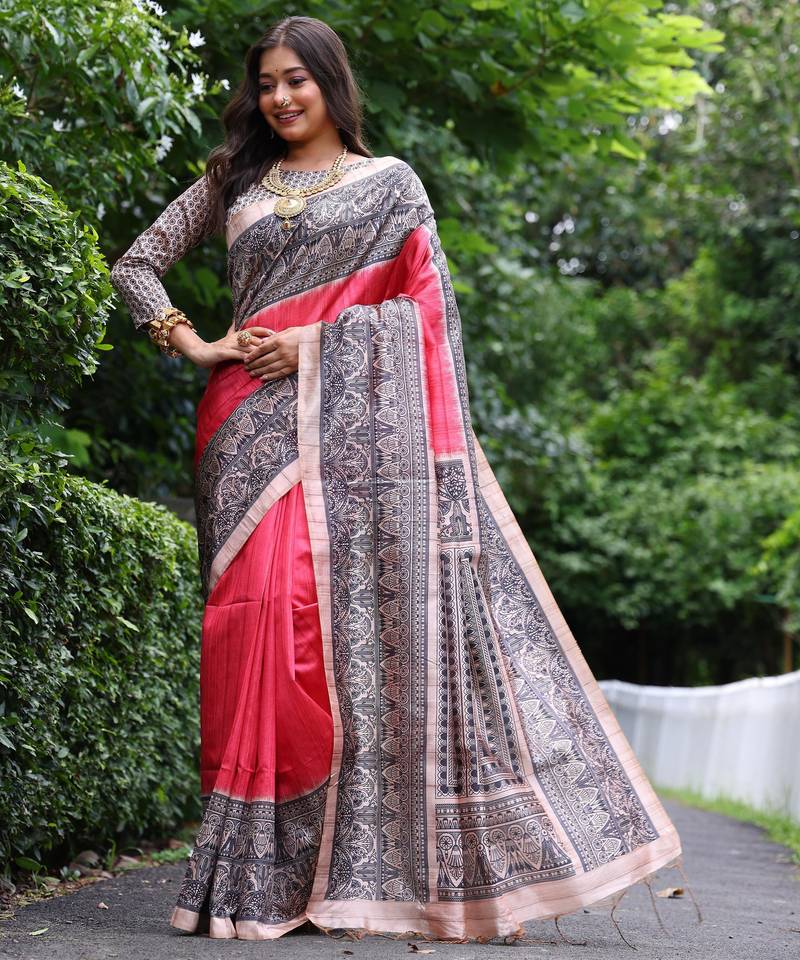 Red madhubani printed tussar silk blend saree ceremonial saree