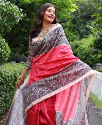 Red madhubani printed tussar silk blend saree ceremonial saree 3