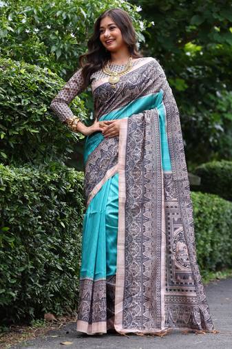 Blue madhubani printed tussar silk blend saree ceremonial saree