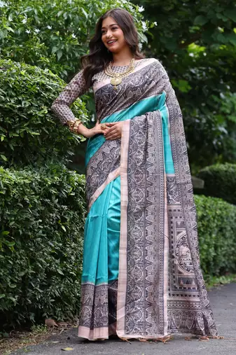 Blue madhubani printed tussar silk blend saree ceremonial saree