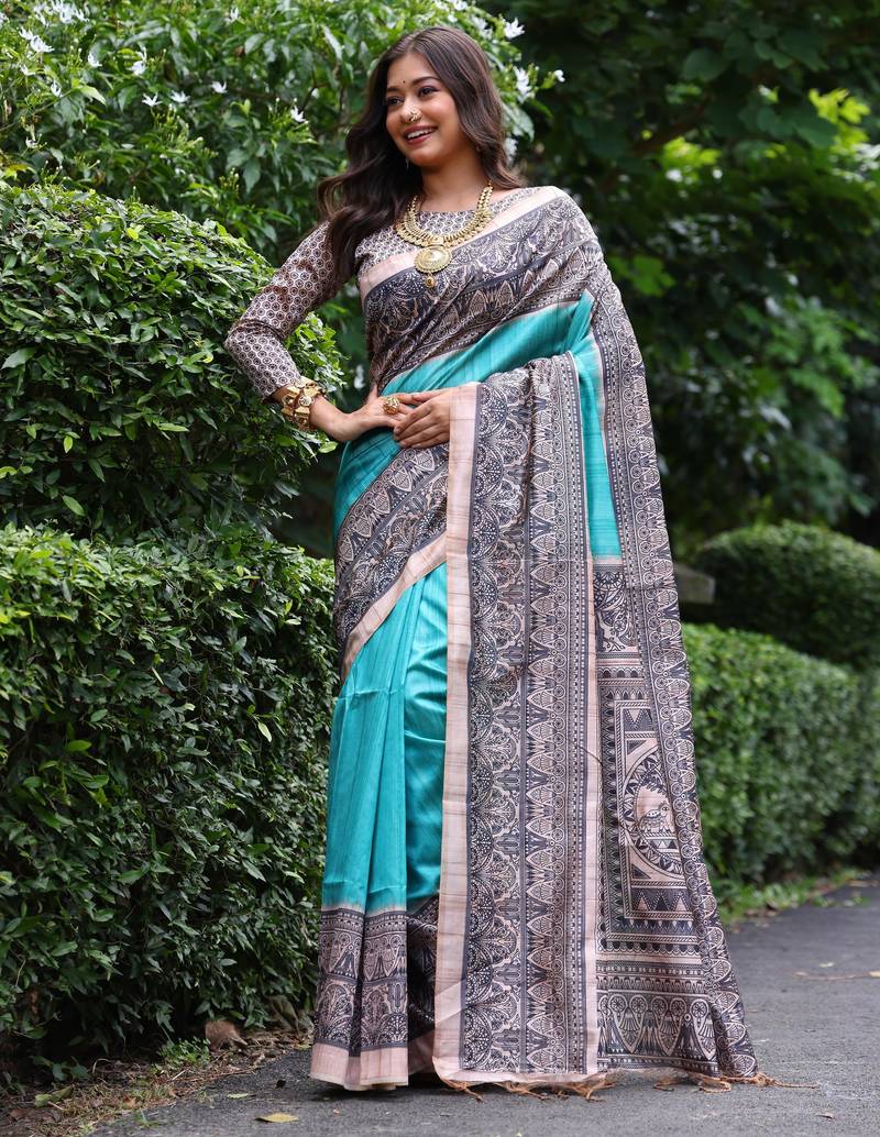 Blue madhubani printed tussar silk blend saree ceremonial saree