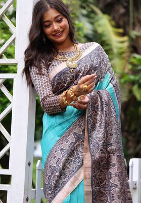 Blue madhubani printed tussar silk blend saree ceremonial saree 2