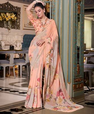 Peach georgette smart floral printed saree with pearl lace border 1