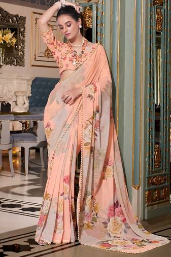 Peach georgette smart floral printed saree with pearl lace border