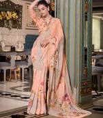 Peach georgette smart floral printed saree with pearl lace border