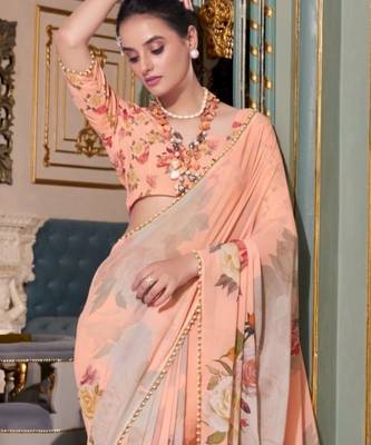 Peach georgette smart floral printed saree with pearl lace border 2