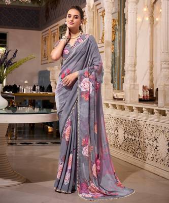 Grey georgette smart floral printed saree with pearl lace border 1