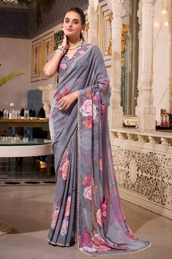 Grey georgette smart floral printed saree with pearl lace border