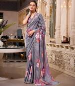 Grey georgette smart floral printed saree with pearl lace border
