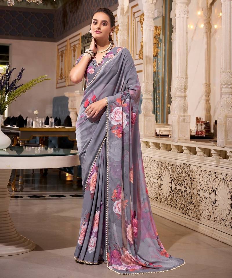 Grey georgette smart floral printed saree with pearl lace border