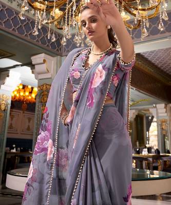 Grey georgette smart floral printed saree with pearl lace border 2