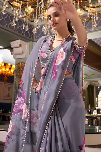 Grey georgette smart floral printed saree with pearl lace border